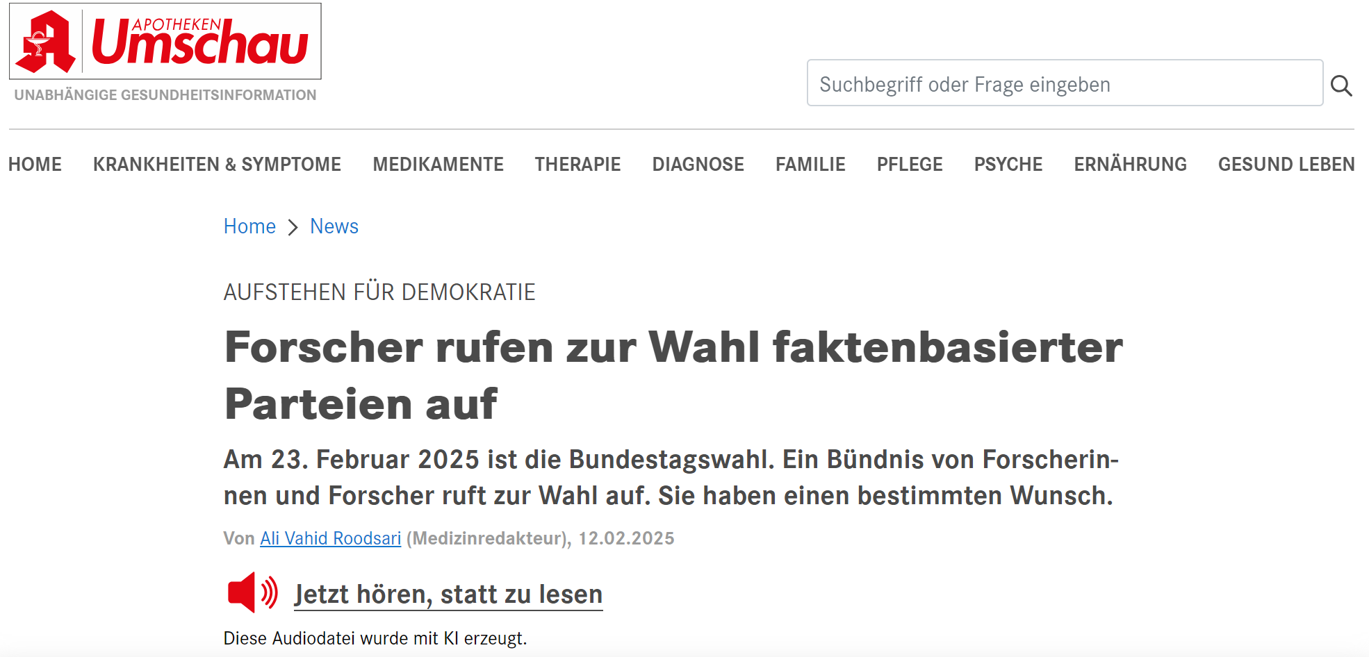 Bericht über "Aufstehen für Demokratie" in der Apotheken Umschau am 12.02.2025